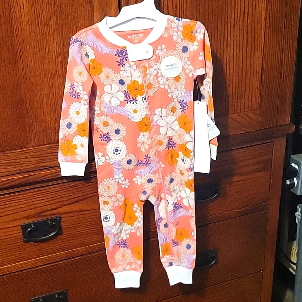 Burts bees baby girls, cottage floral organic Cotton snug fit pajama Jump suit